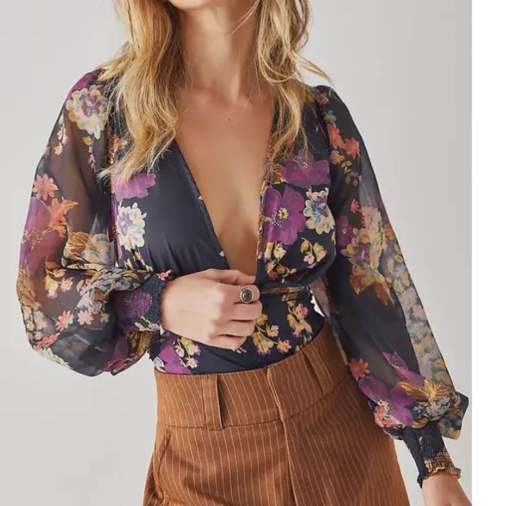 Free People Black Floral Long-Sleeve Plunge Bodysuit